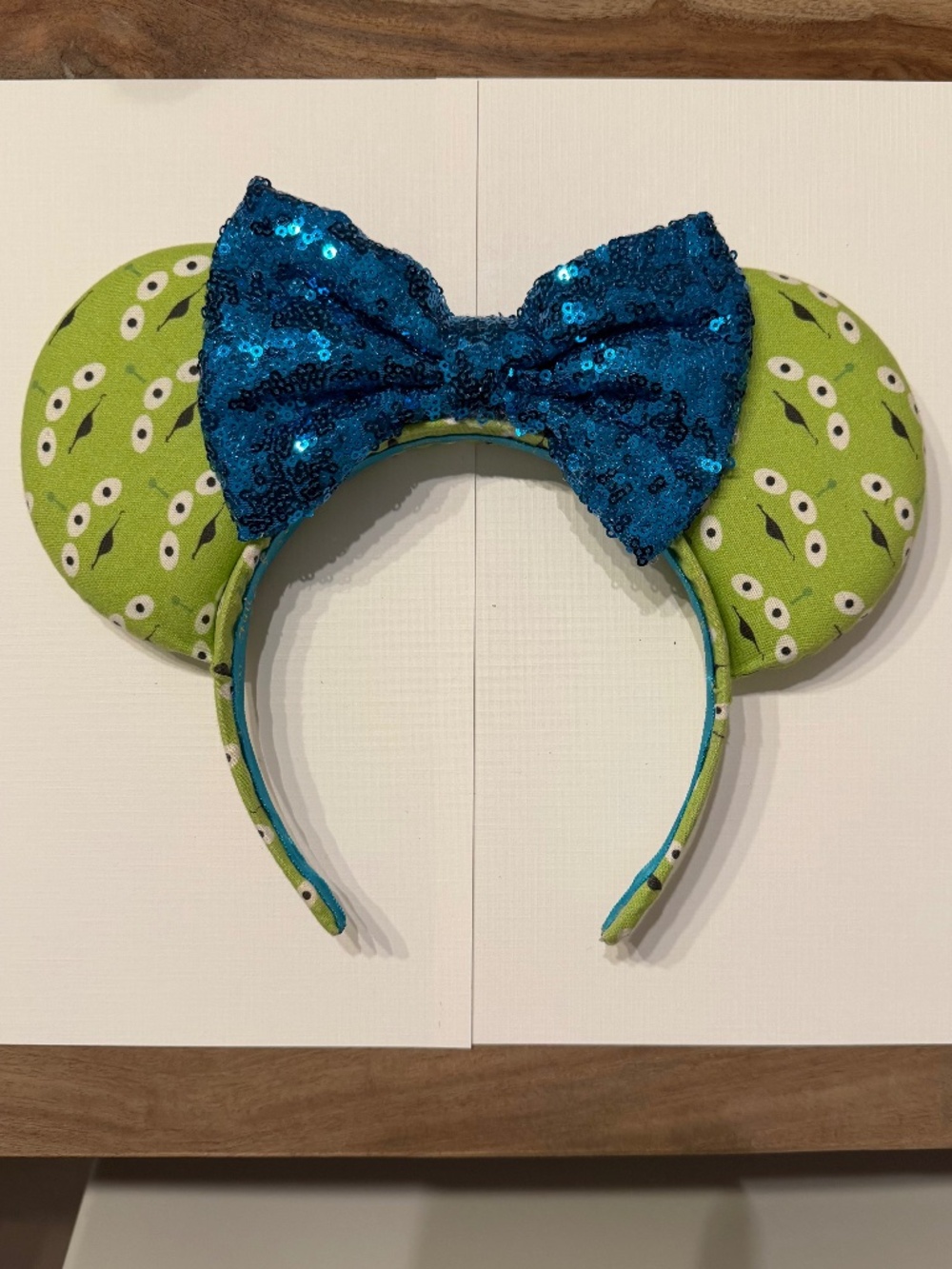 Green Alien Print Minnie Ears Headband with Blue Sequin Bow